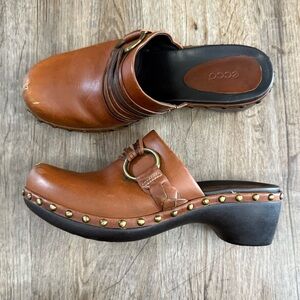 Ecco • Brown Leather Studded Comfort Mules